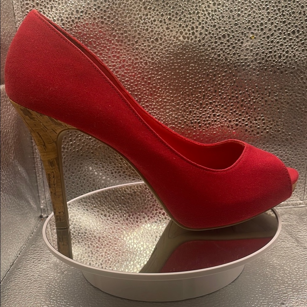 Christian Siriano Red Canvas Peep Toe With Cork Accents Size 9 - Picture 6 of 12